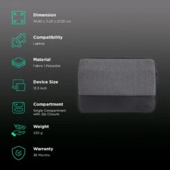 HYPHEN ESSE 301 Fabric, Polyester Laptop Sleeve For 13.3 Inch Laptop (Stylish Design With Carry Strap, Black) -Smart Bag Shop 231007 2 rjalzg