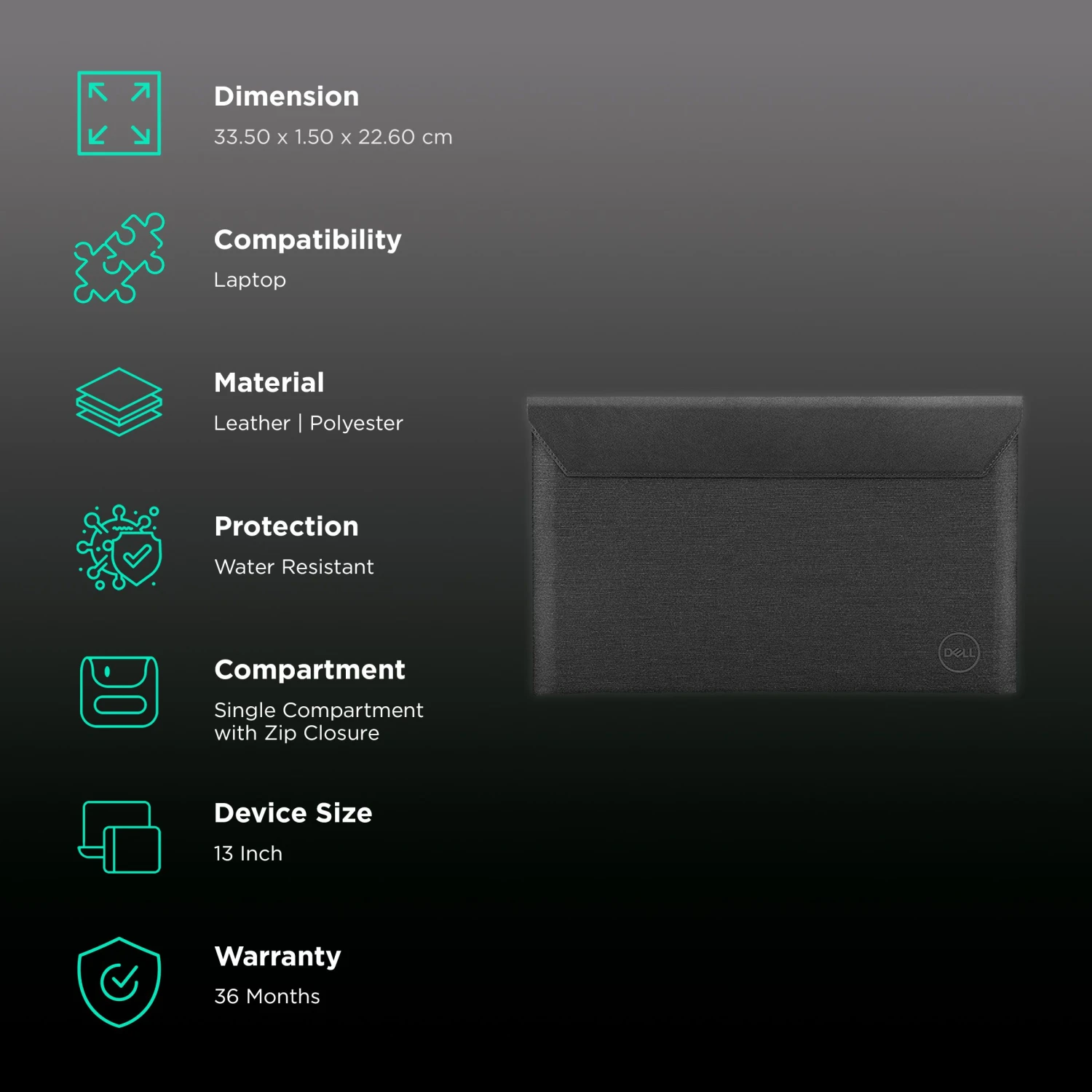 DELL Premier PE1320V Leather, Polyester Laptop Sleeve For 13 Inch Laptop (23 L, Water Resistant, Black/Grey) 5 DELL Premier PE1320V Leather, Polyester Laptop Sleeve For 13 Inch Laptop (23 L, Water Resistant, Black/Grey) - Image 3