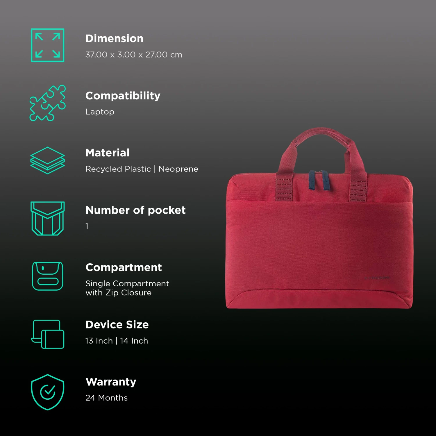 TUCANO Smilza Recycled Plastic, Neoprene Laptop Sleeve For 13 & 14 Inch Laptop (Super Slim, Red) 5 TUCANO Smilza Recycled Plastic, Neoprene Laptop Sleeve For 13 & 14 Inch Laptop (Super Slim, Red) - Image 3