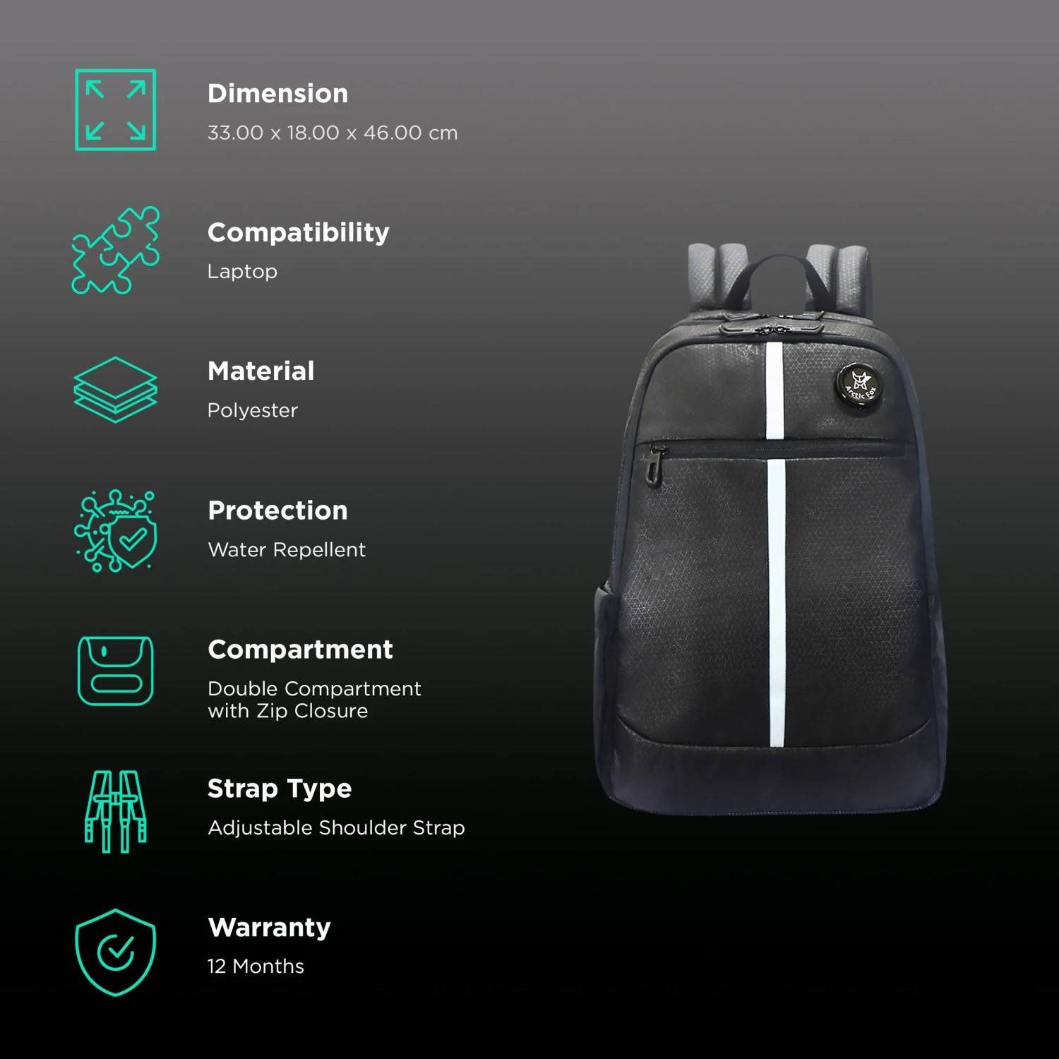 Arctic Fox Chrome Polyester Laptop Backpack For 15 Inch Laptop (27 L, Water Repellent, Black) 4 Arctic Fox Chrome Polyester Laptop Backpack For 15 Inch Laptop (27 L, Water Repellent, Black) - Image 2