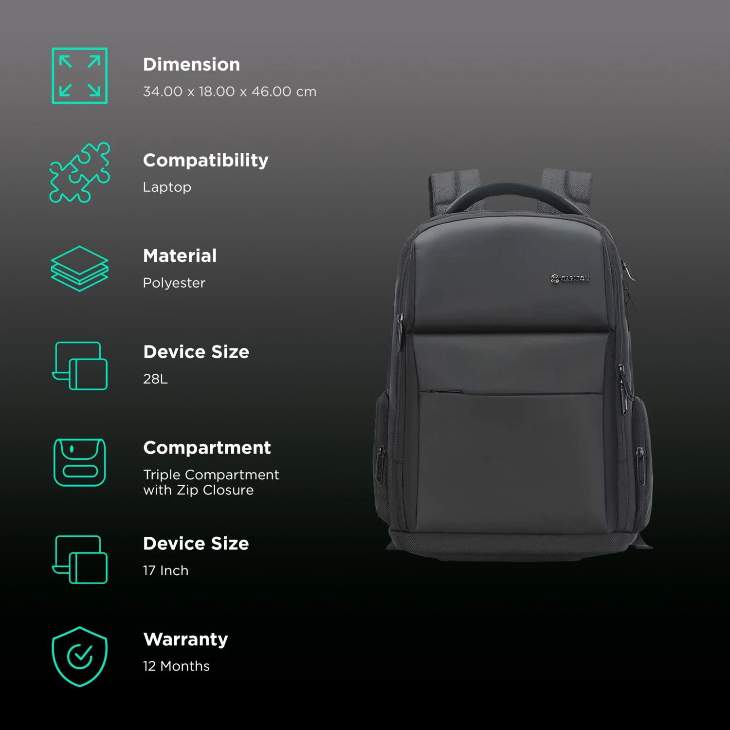 Carlton Dorset 05 Polyester Laptop Backpack For 17 Inch Laptop (28 L, With Rain Cover, Matte Black) 4 Carlton Dorset 05 Polyester Laptop Backpack For 17 Inch Laptop (28 L, With Rain Cover, Matte Black) - Image 2