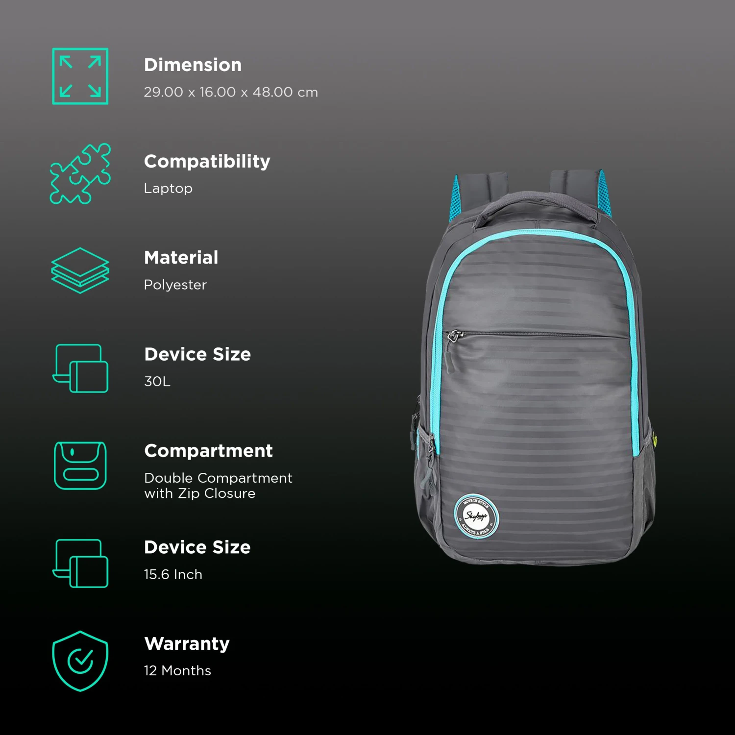 Skybags Campus 01 Polyester Laptop Backpack For 15.6 Inch Laptop (30 L, With Rain Cover, Grey) 4 Skybags Campus 01 Polyester Laptop Backpack For 15.6 Inch Laptop (30 L, With Rain Cover, Grey) - Image 2