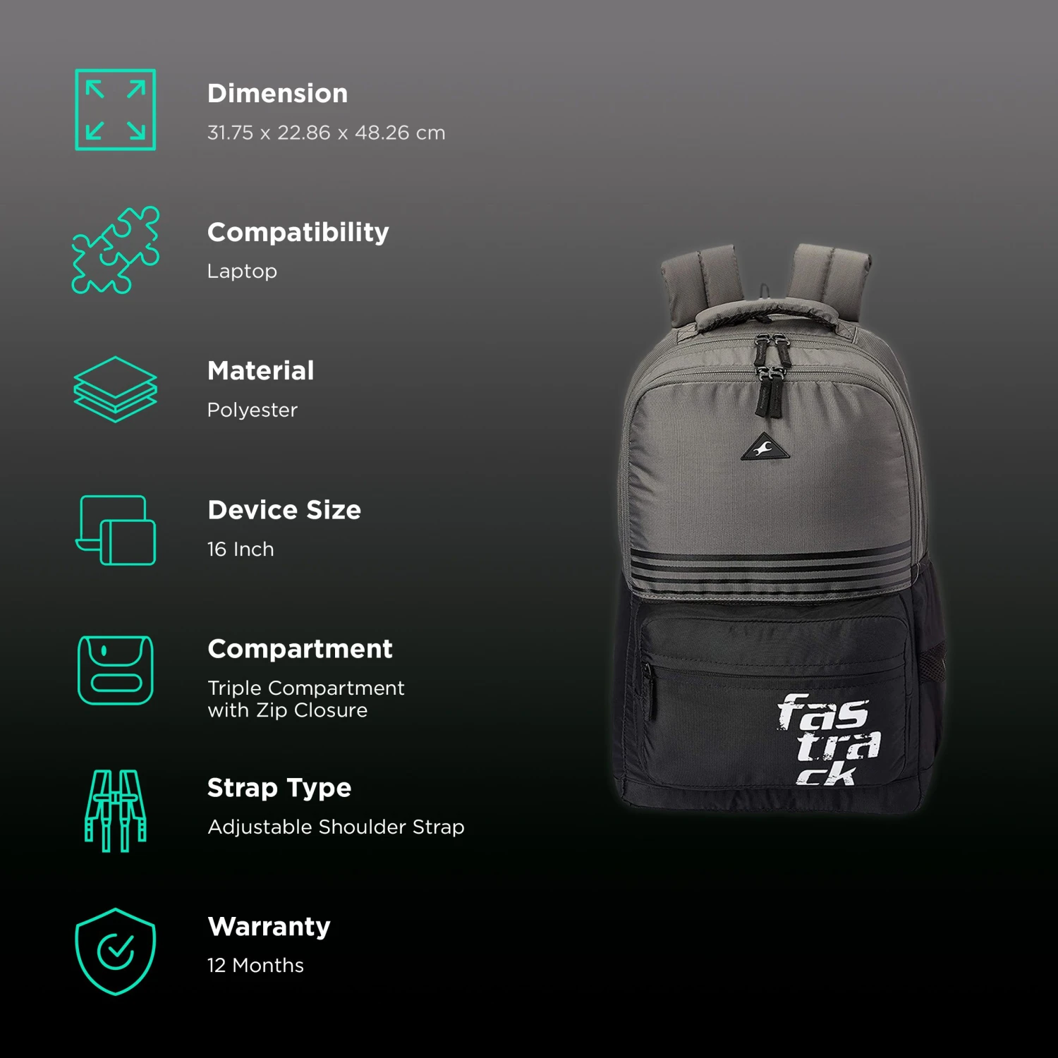 Fastrack Killer 2.0 Ergolight Polyester Laptop Backpack For 16 Inch Laptop (35 L, Lightweight, Grey) 4 Fastrack Killer 2.0 Ergolight Polyester Laptop Backpack For 16 Inch Laptop (35 L, Lightweight, Grey) - Image 2