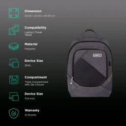 Carriall Minikin Polyester Laptop Backpack For 15.6 Inch Laptop (29.6 L, USB Charging Port, Black) -Smart Bag Shop 241836 1 ectzux