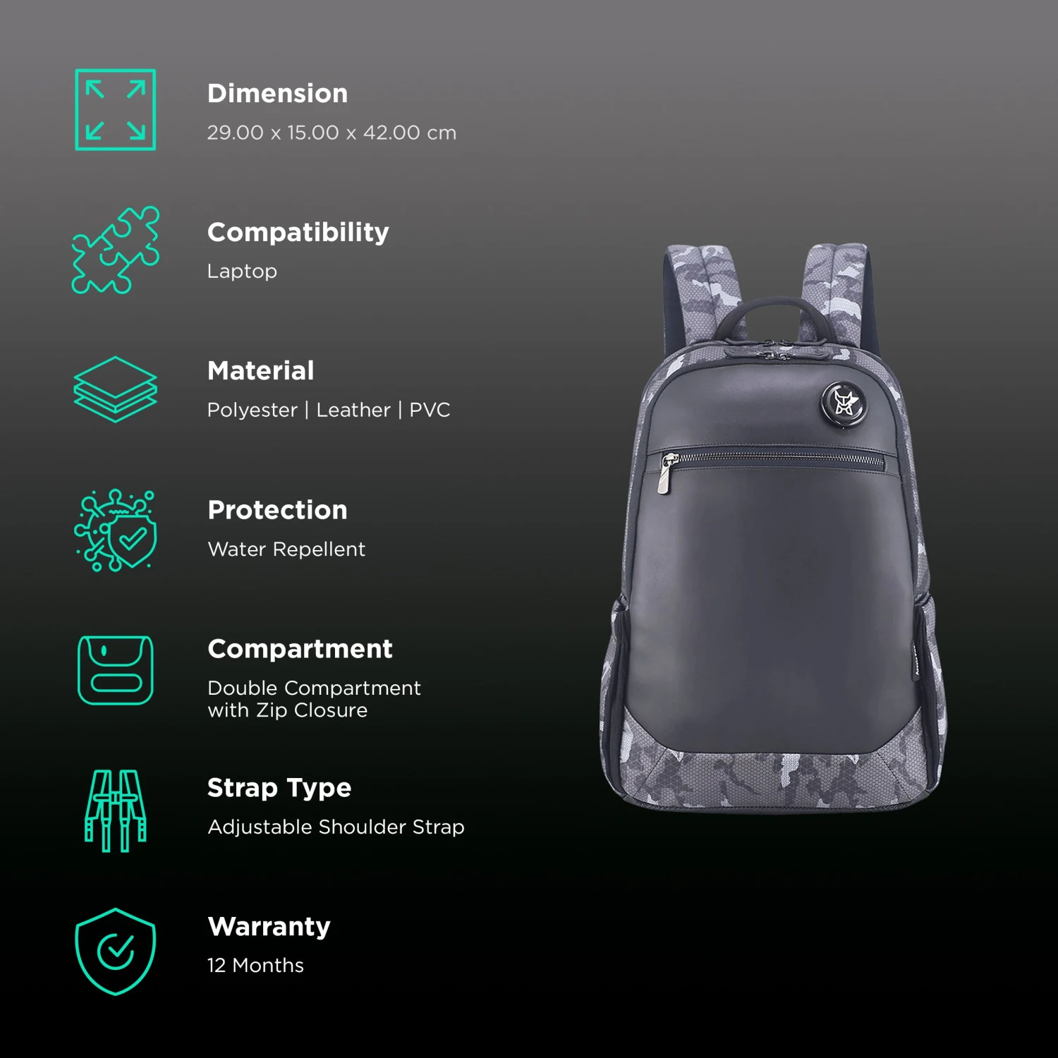 Arctic Fox Militant Polyester, Leather, PVC Laptop Backpack For 14 Inch Laptop (18 L, Water Repellent, Camo Black) 4 Arctic Fox Militant Polyester, Leather, PVC Laptop Backpack For 14 Inch Laptop (18 L, Water Repellent, Camo Black) - Image 2