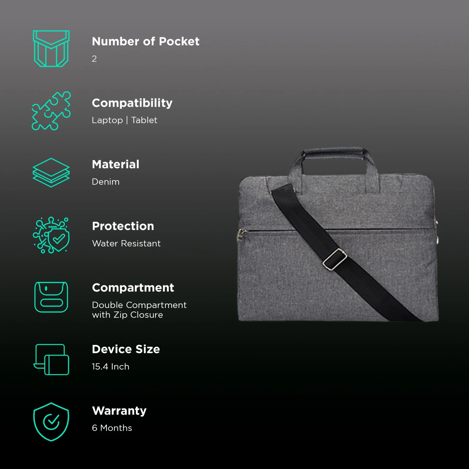 In Base Denim Laptop Sling Bag For 15.4 Inch Laptop (Water Resistant, Grey) 4 In Base Denim Laptop Sling Bag For 15.4 Inch Laptop (Water Resistant, Grey) - Image 2