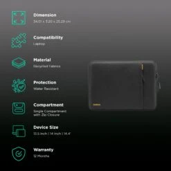 Tomtoc Defender Recycled Fabrics Laptop Sleeve For 13.5, 14 & 14.4 Inch Laptop (Water Resistant, Black) -Smart Bag Shop 261022 2 tc4kwe