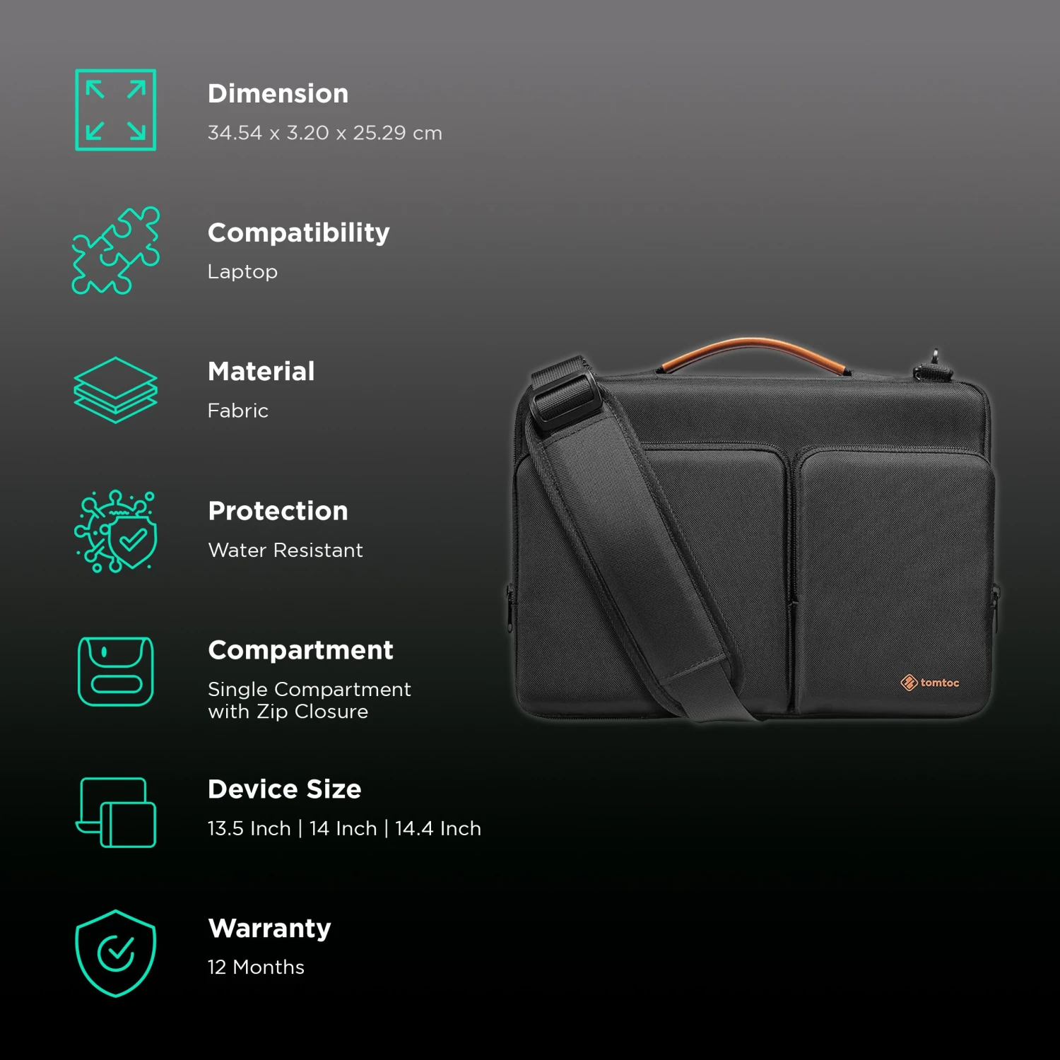 Tomtoc Defender Fabric Laptop Sling Bag For 13.5, 14 & 14.4 Inch Laptop (Water Resistant, Black) 4 Tomtoc Defender Fabric Laptop Sling Bag For 13.5, 14 & 14.4 Inch Laptop (Water Resistant, Black) - Image 2