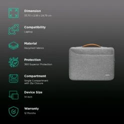 Tomtoc Defender Recycled Fabrics Laptop Sleeve For 14 Inch Laptop (360 Superior Protection, Grey) -Smart Bag Shop 265886 2 j0ehvu