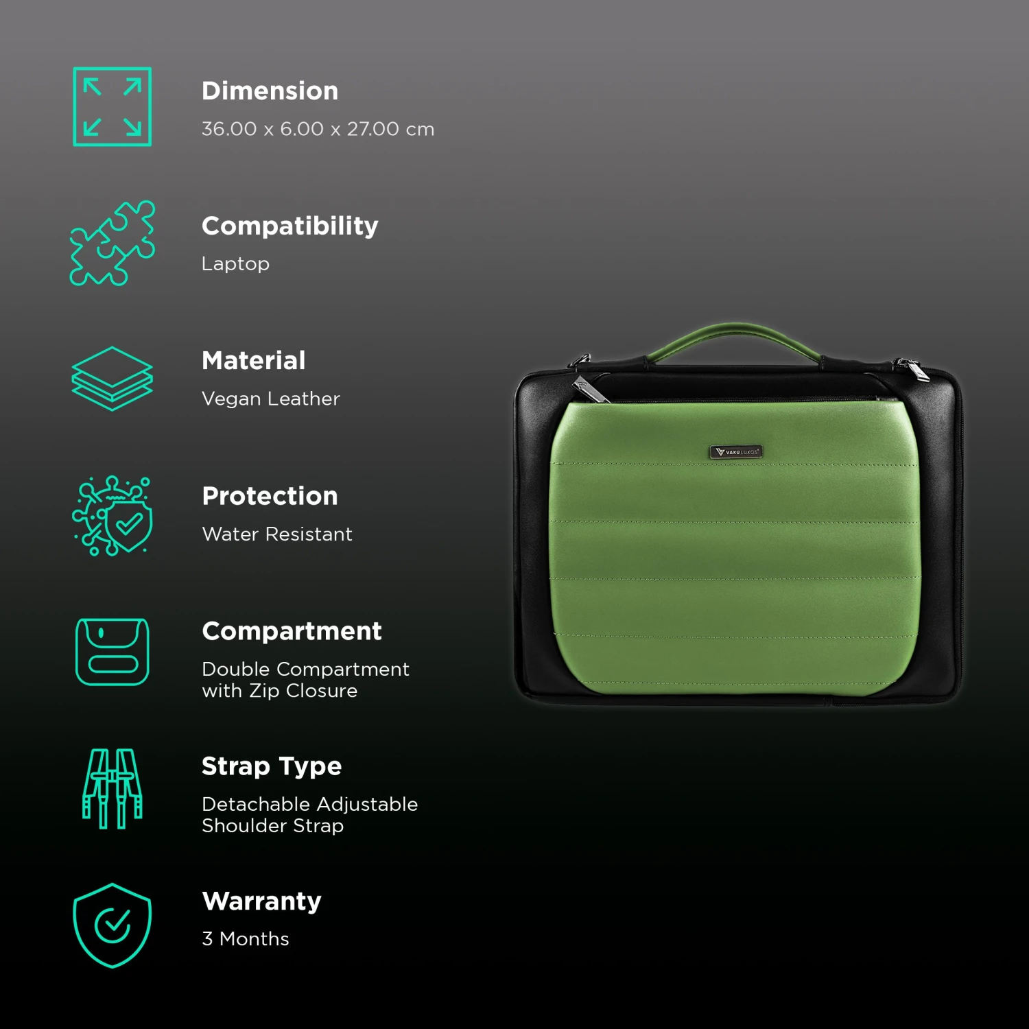 Dr. Vaku Lasa Chivelle Vegan Leather Laptop Sling Bag For 13 & 14 Inch Laptop (Water Resistant, Black/Green) 5 Dr. Vaku Lasa Chivelle Vegan Leather Laptop Sling Bag For 13 & 14 Inch Laptop (Water Resistant, Black/Green) - Image 3