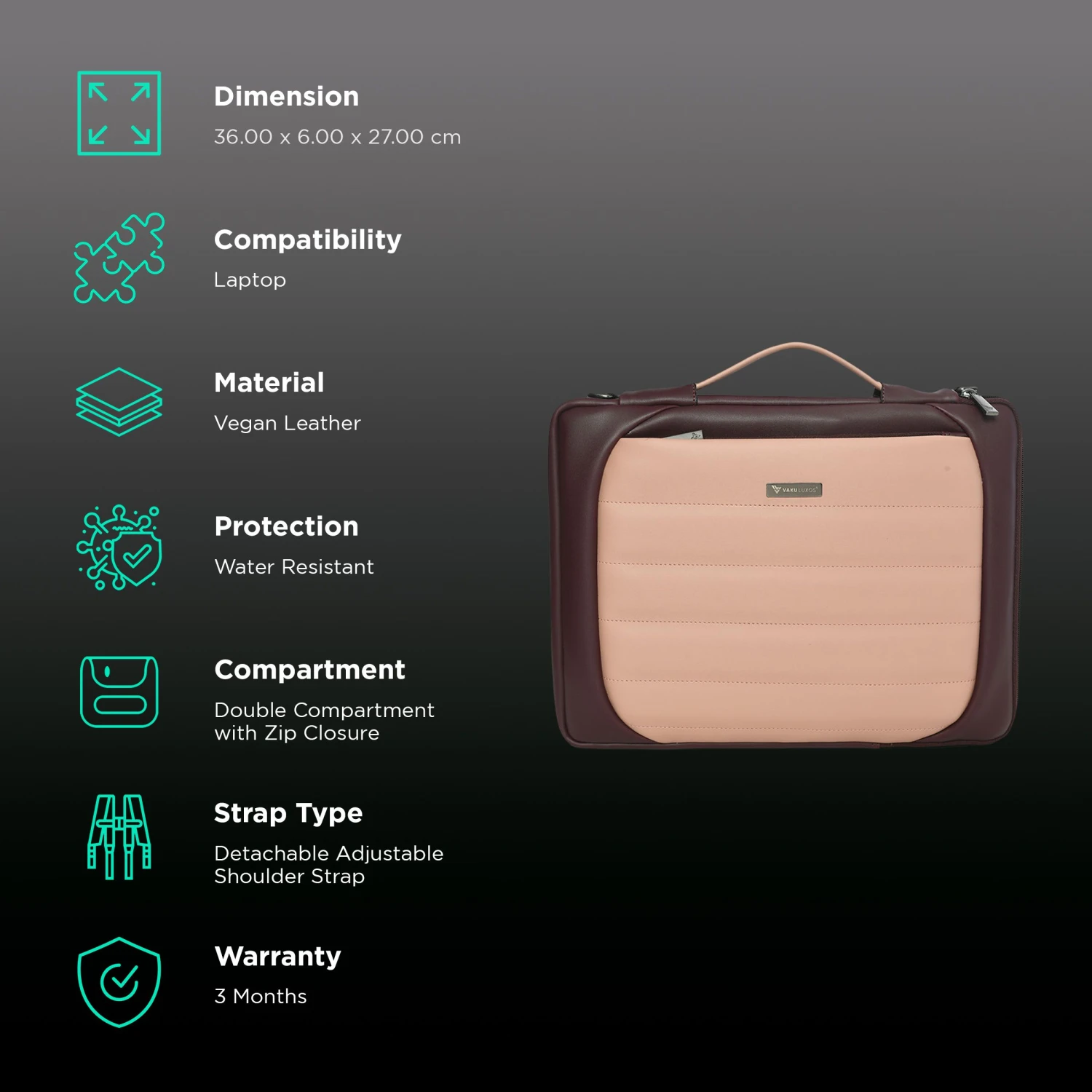 Dr. Vaku Lasa Chivelle Vegan Leather Laptop Sling Bag For 13 & 14 Inch Laptop (Water Resistant, Cherry/Pink) 5 Dr. Vaku Lasa Chivelle Vegan Leather Laptop Sling Bag For 13 & 14 Inch Laptop (Water Resistant, Cherry/Pink) - Image 3