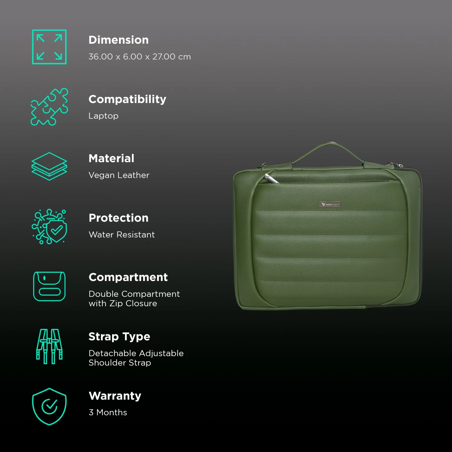 Dr. Vaku Lasa Chivelle Vegan Leather Laptop Sling Bag For 13 & 14 Inch Laptop (Water Resistant, Green) 5 Dr. Vaku Lasa Chivelle Vegan Leather Laptop Sling Bag For 13 & 14 Inch Laptop (Water Resistant, Green) - Image 3