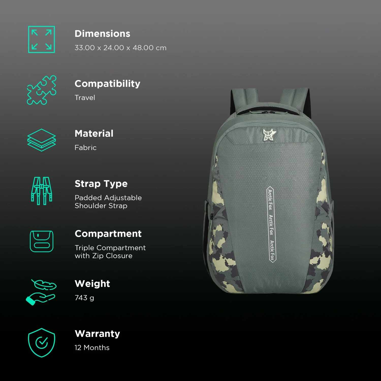 Arctic Fox Dare 38 Litres Fabric Backpack (Rain Cover, FTEBPKOLVWW056038, Sea Spray) 4 Arctic Fox Dare 38 Litres Fabric Backpack (Rain Cover, FTEBPKOLVWW056038, Sea Spray) - Image 2