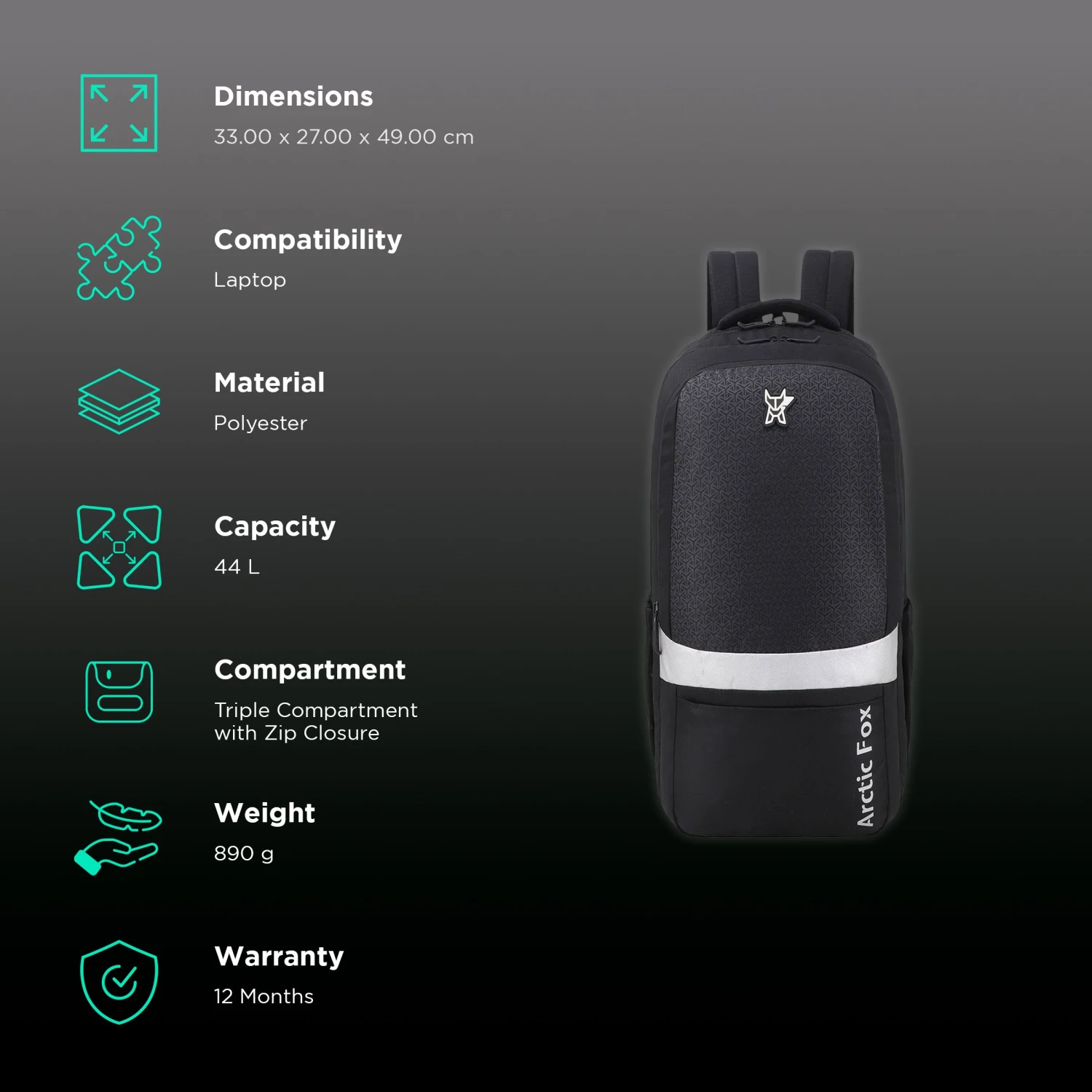 Arctic Fox Merit 44 Litres Polyester Backpack (FTEBPKBLKWW061044, Black) 4 Arctic Fox Merit 44 Litres Polyester Backpack (FTEBPKBLKWW061044, Black) - Image 2