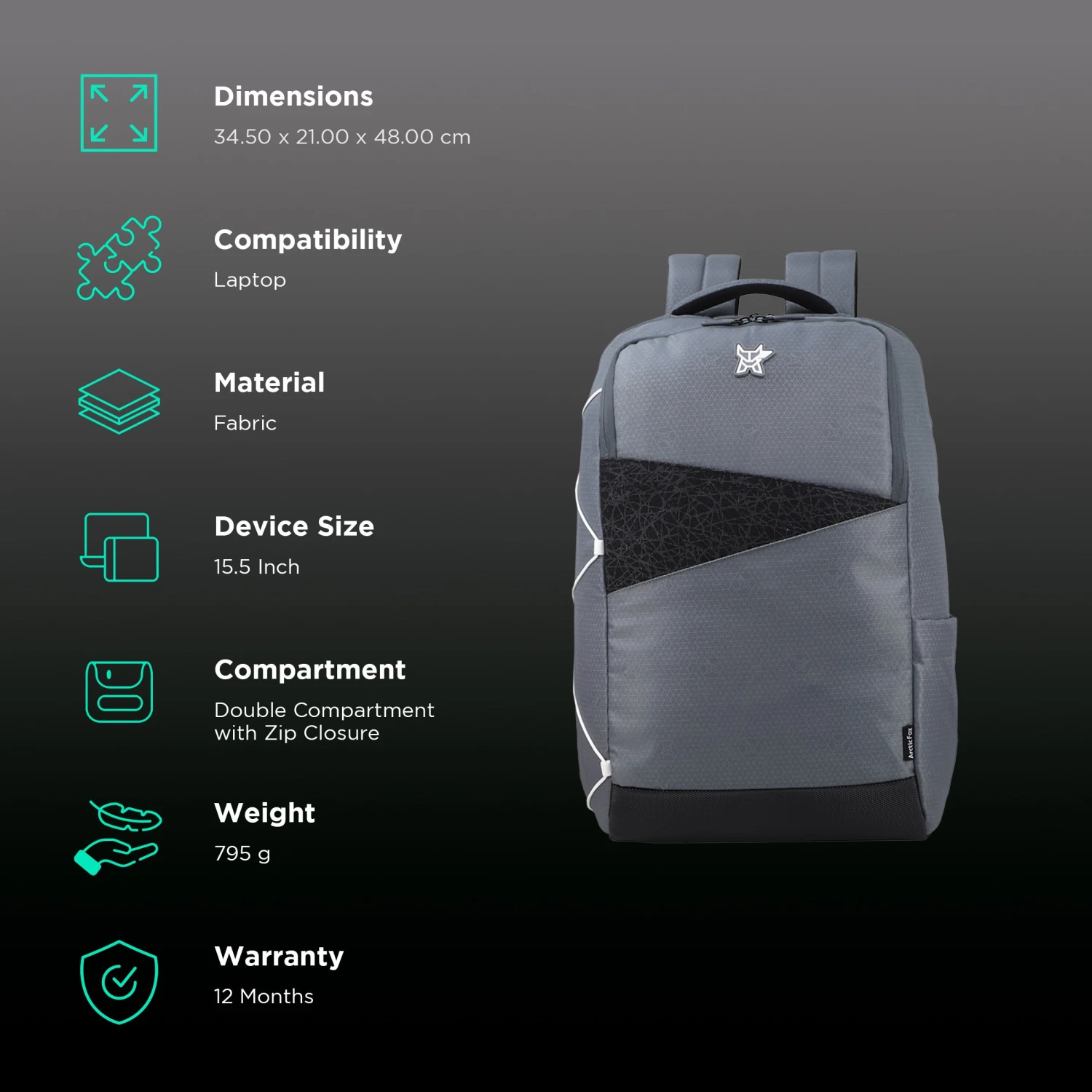 Arctic Fox Stunt Polyester Laptop Backpack For 15.5 Inch Laptop (35 L, Water Repellent Fabric, Grey) 4 Arctic Fox Stunt Polyester Laptop Backpack For 15.5 Inch Laptop (35 L, Water Repellent Fabric, Grey) - Image 2