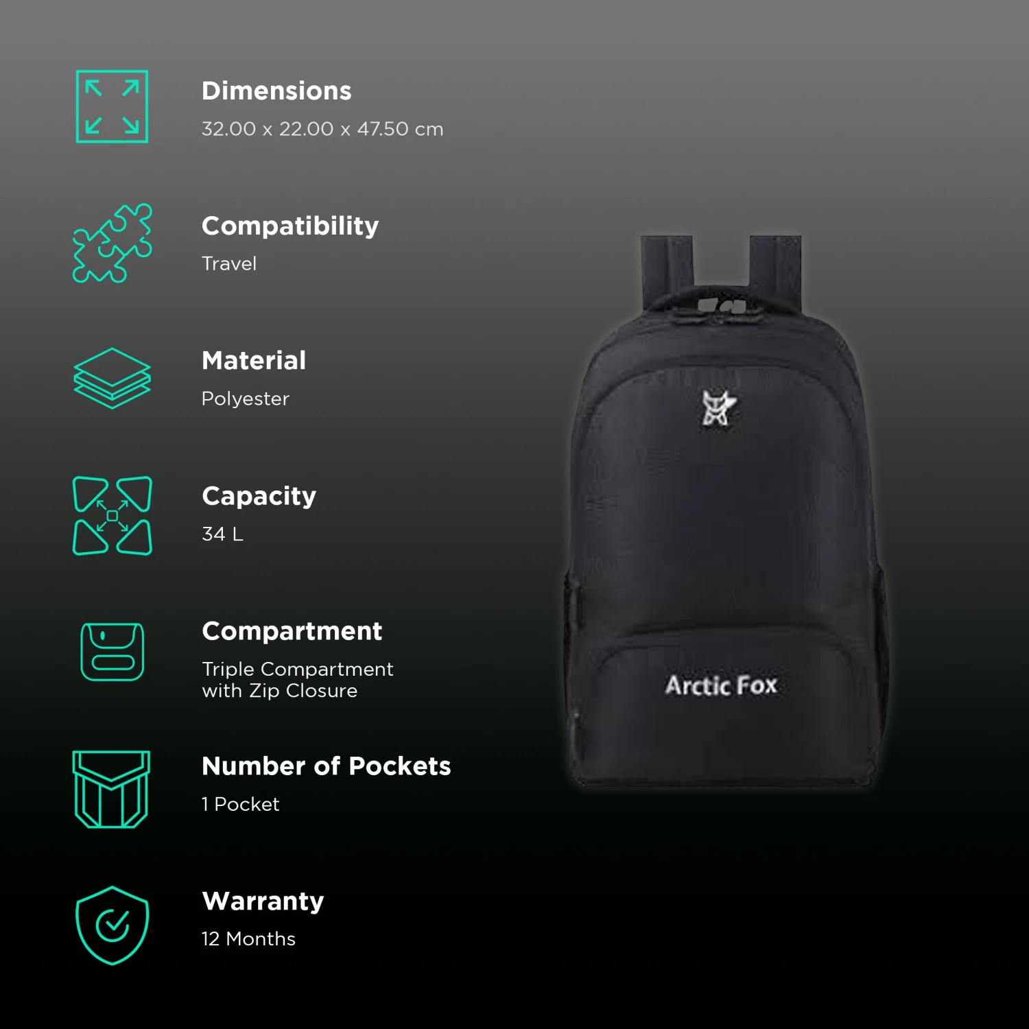 Arctic Fox TicTac 34 Litres Polyester Backpack (Water Bottle Pouch, FTEBPKBLKWW104034, Black) 3 Arctic Fox TicTac 34 Litres Polyester Backpack (Water Bottle Pouch, FTEBPKBLKWW104034, Black) - Image 2