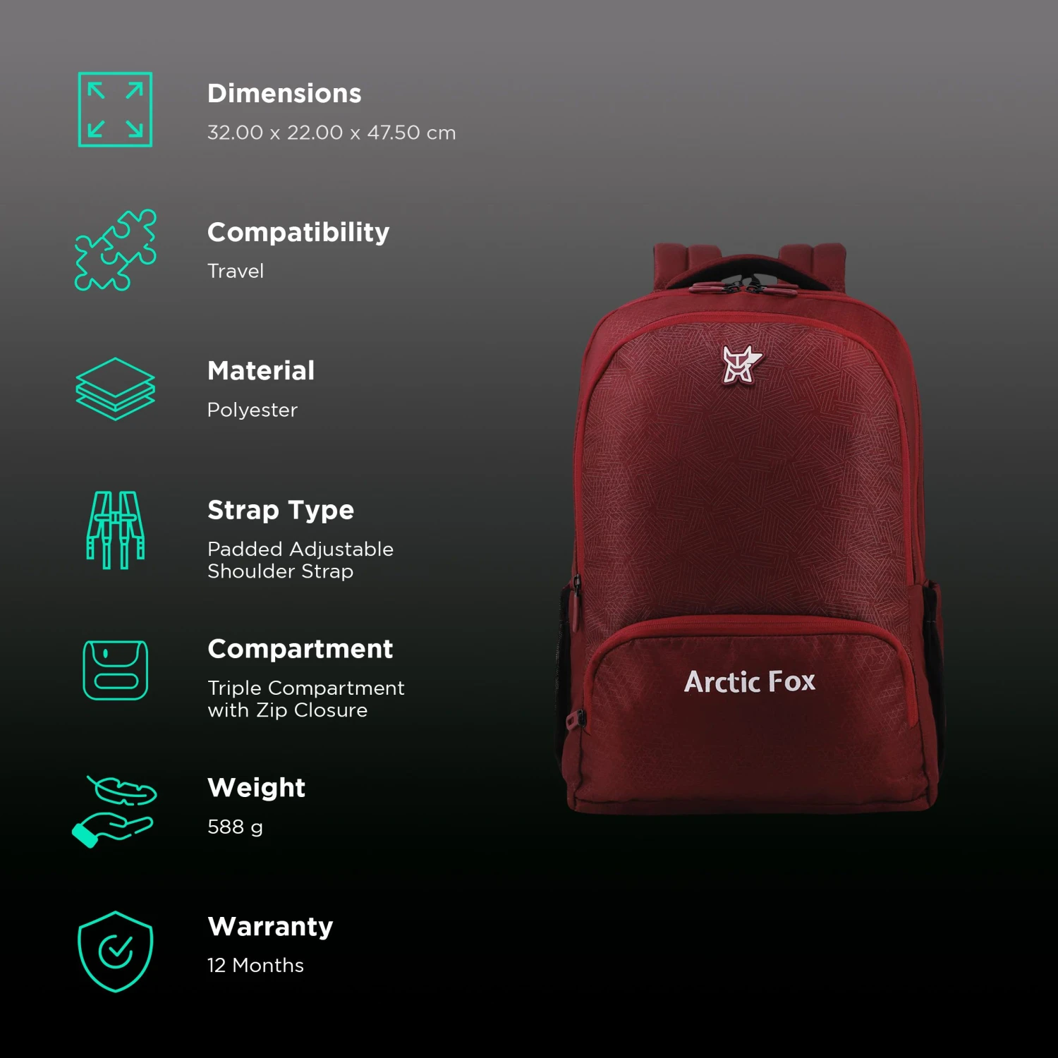 Arctic Fox Tic Tac 34 Litres Polyester Backpack (Water Bottle Pouch, FTEBPKTPOWW105034, Tawny Port) 4 Arctic Fox Tic Tac 34 Litres Polyester Backpack (Water Bottle Pouch, FTEBPKTPOWW105034, Tawny Port) - Image 2