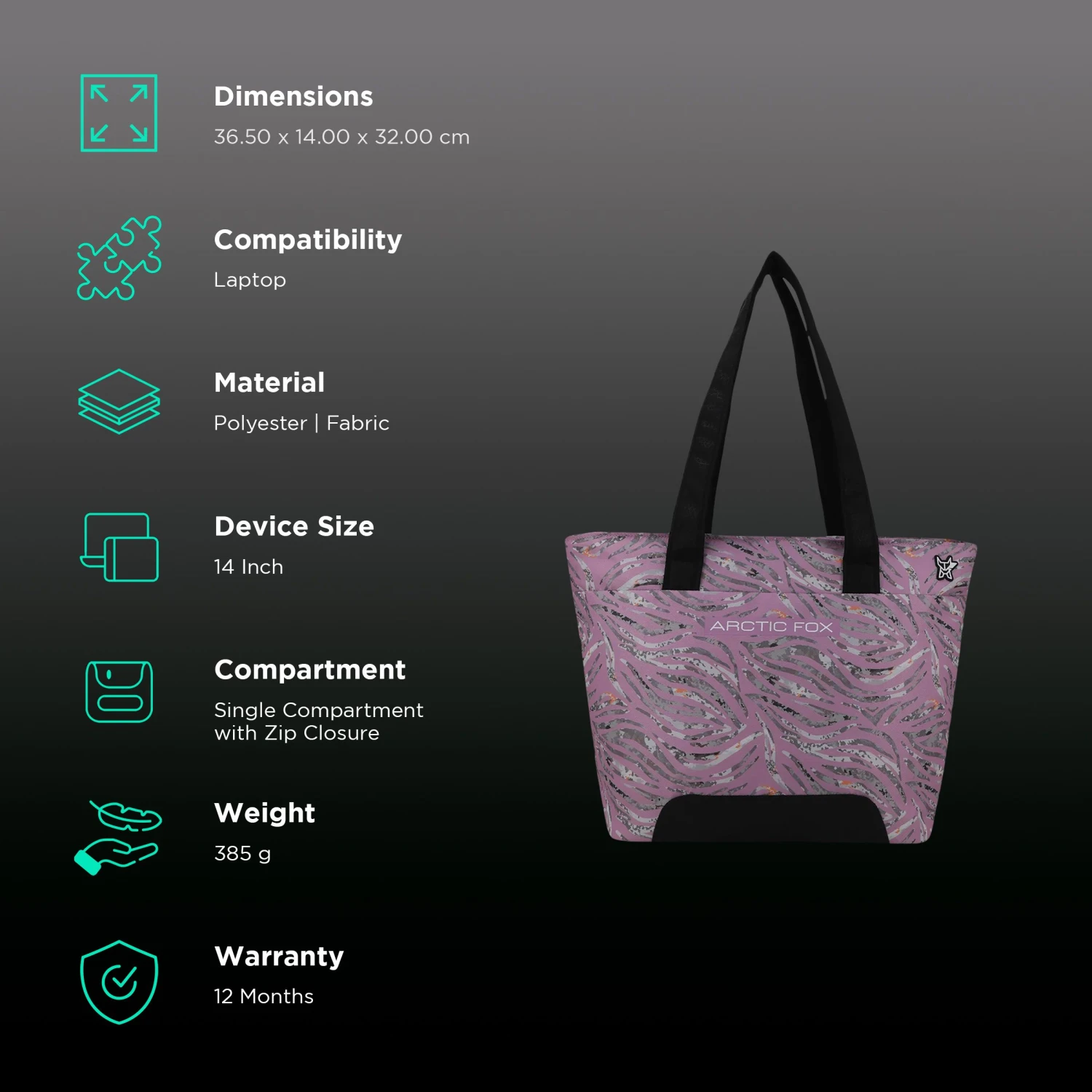 Arctic Fox Feral 500D Polyester Laptop Tote Bag For 14 Inch Laptop (16 L, Anti Slip Handle, Pink) 4 Arctic Fox Feral 500D Polyester Laptop Tote Bag For 14 Inch Laptop (16 L, Anti Slip Handle, Pink) - Image 2