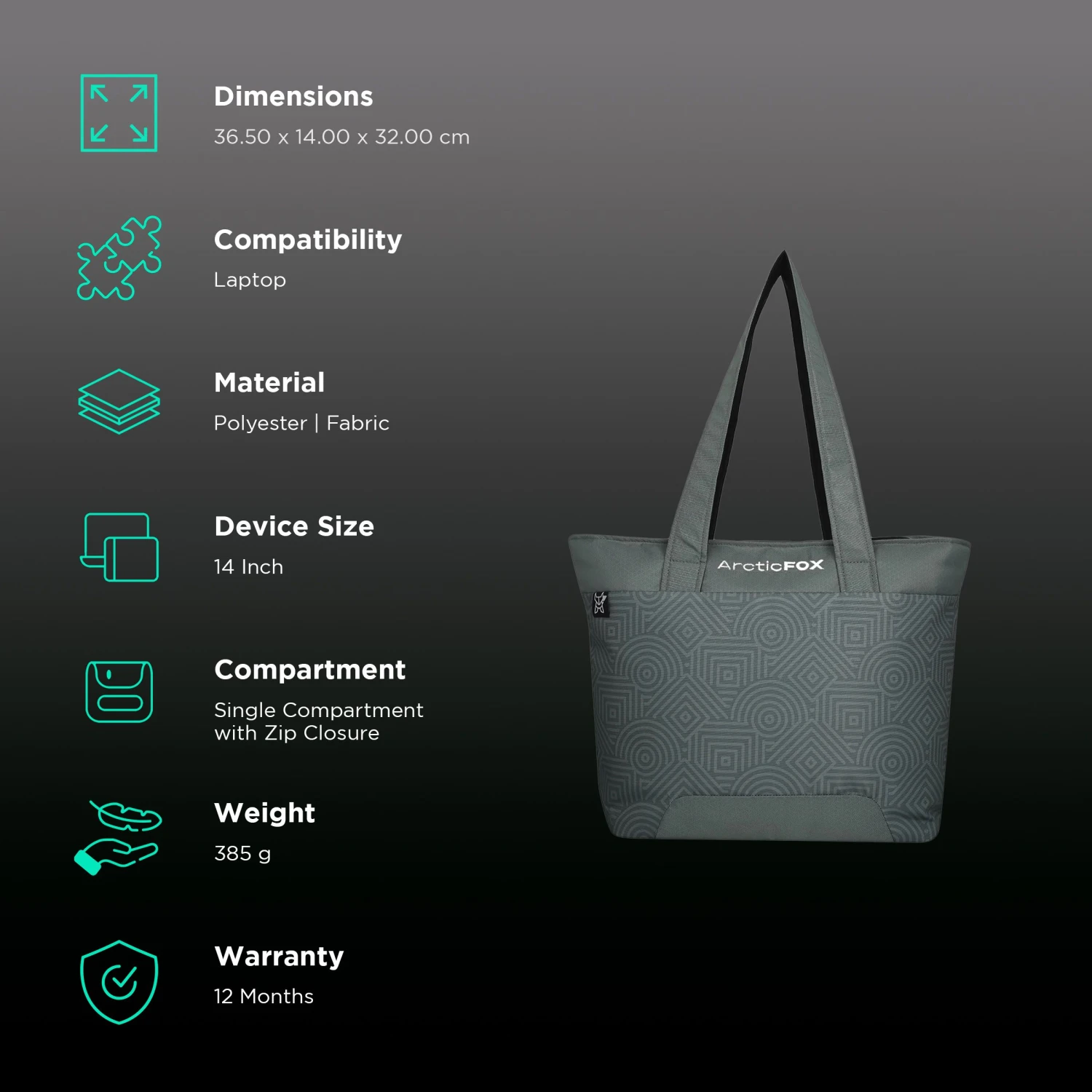 Arctic Fox Lattice Polyester Laptop Tote Bag For 14 Inch Laptop (16 L, Water Repellent Fabric, Sea Spray) 4 Arctic Fox Lattice Polyester Laptop Tote Bag For 14 Inch Laptop (16 L, Water Repellent Fabric, Sea Spray) - Image 2