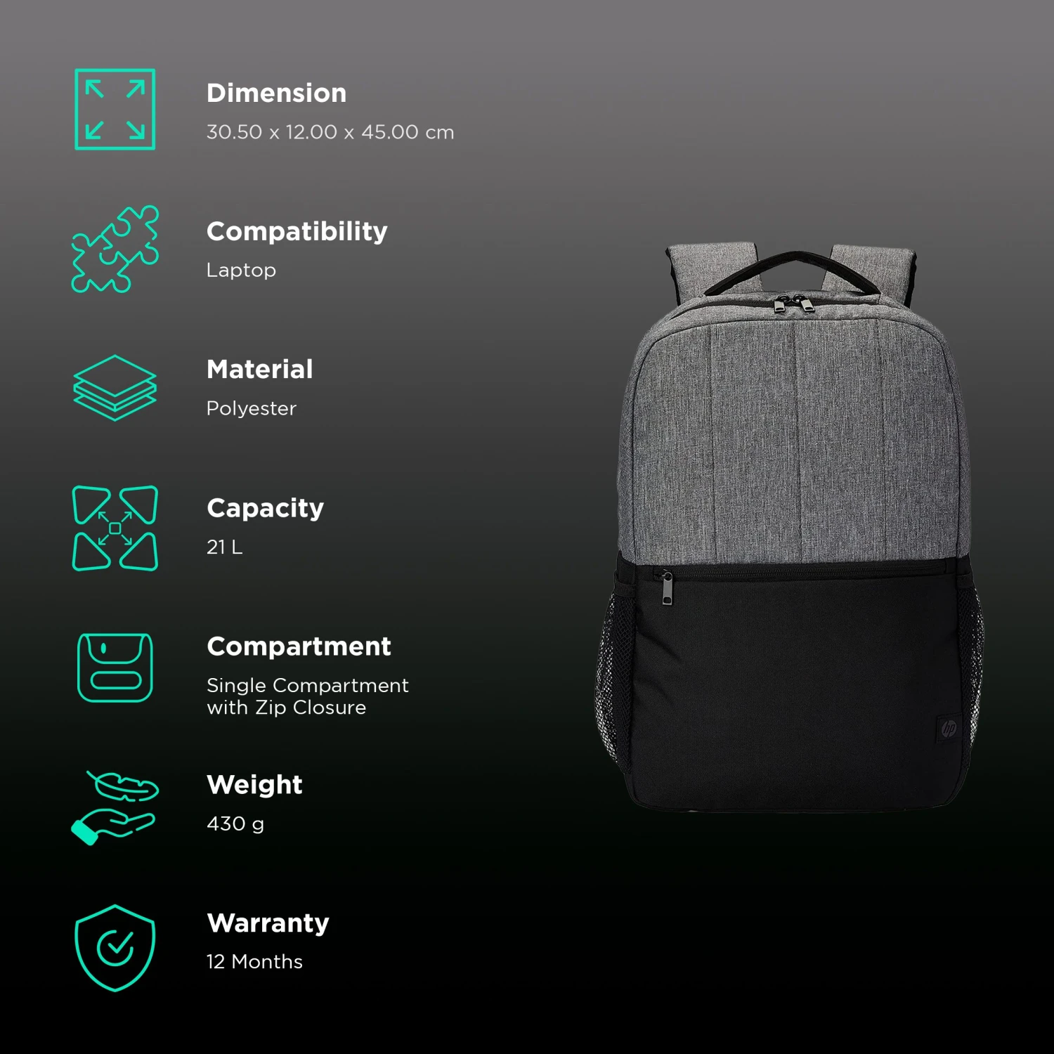 HP 320 Polyester Laptop Backpack For 15.6 Inch Laptop (21 L, Padded Back Panel, Black Grey) 4 HP 320 Polyester Laptop Backpack For 15.6 Inch Laptop (21 L, Padded Back Panel, Black Grey) - Image 2